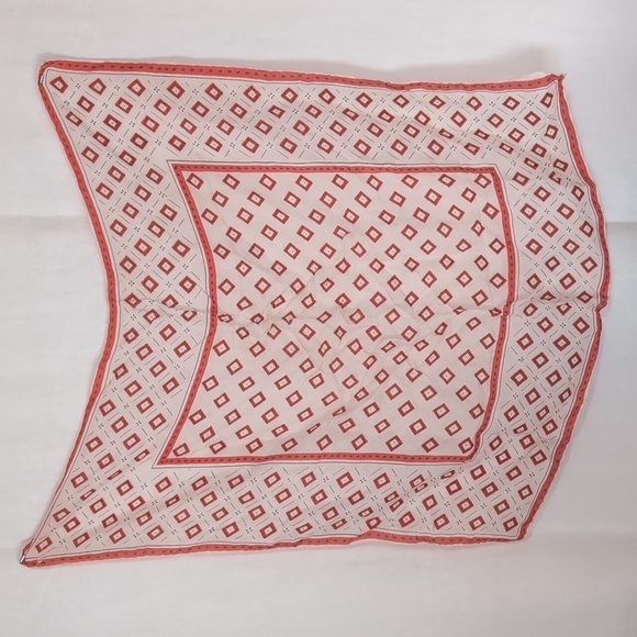 Vintage Red Creme Geometric Square Scarf Hankie Handkerchief - Picture 2 of 3
